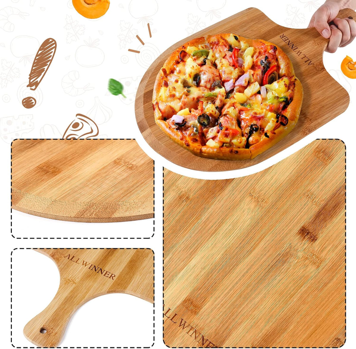 Pizza Peel 12 Inch, 2 Pack Bamboo Pizza Paddle, Wooden Pizza Peels for Making Pizza, Pizza Bread Pie Cutting Board for Kitchen