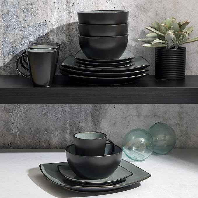 Gibson Elite Soho Lounge Square Reactive Glaze Stoneware Dinnerware Set, Service for 4 (16pc), Eclipse