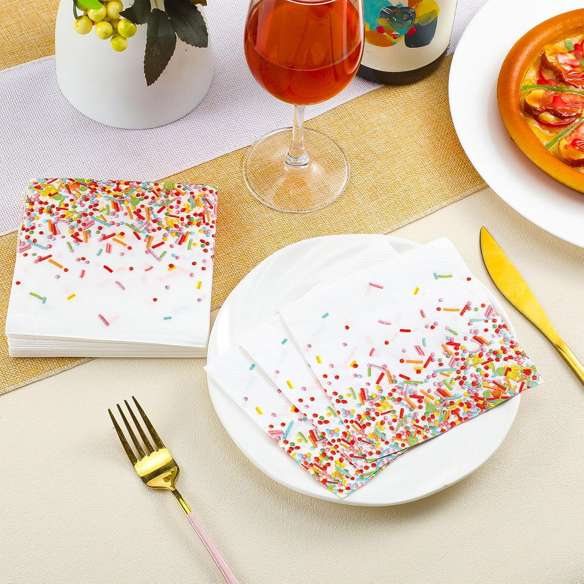 100 Pcs Sprinkles Napkins 2 Ply Disposable Paper Napkins for Baby Shower Birthday Party Theme Table Decor Supplies(White,Confetti)