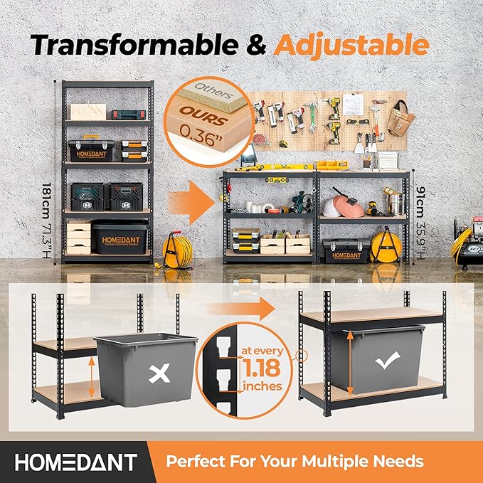 HOMEDANT 5 Tier Storage Shelves Adjustable Laminated Boltless Garage Metal Shelving Unit Heavy Duty Utility Rack Shelf Warehouse Pantry Closet Kitchen 35.9" W x 16.2" D x 71.3" H 1Pack