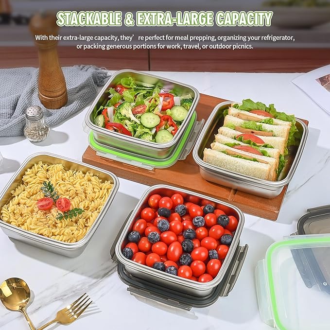 4 Pack Sandwich Containers, 40oz Stainless Steel Sandwich Box with Airtight Lids, Reusable Metal Meal Prep Lunch Boxes, BPA-Free, Dishwasher Safe, Large Capacity Food Storage Containers (Green)