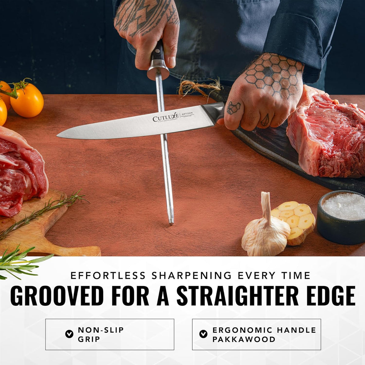 Cutluxe Honing Rod, Knife Sharpener Rod – 10" Honing Steel – Ergonomic Handle Design – Artisan Series