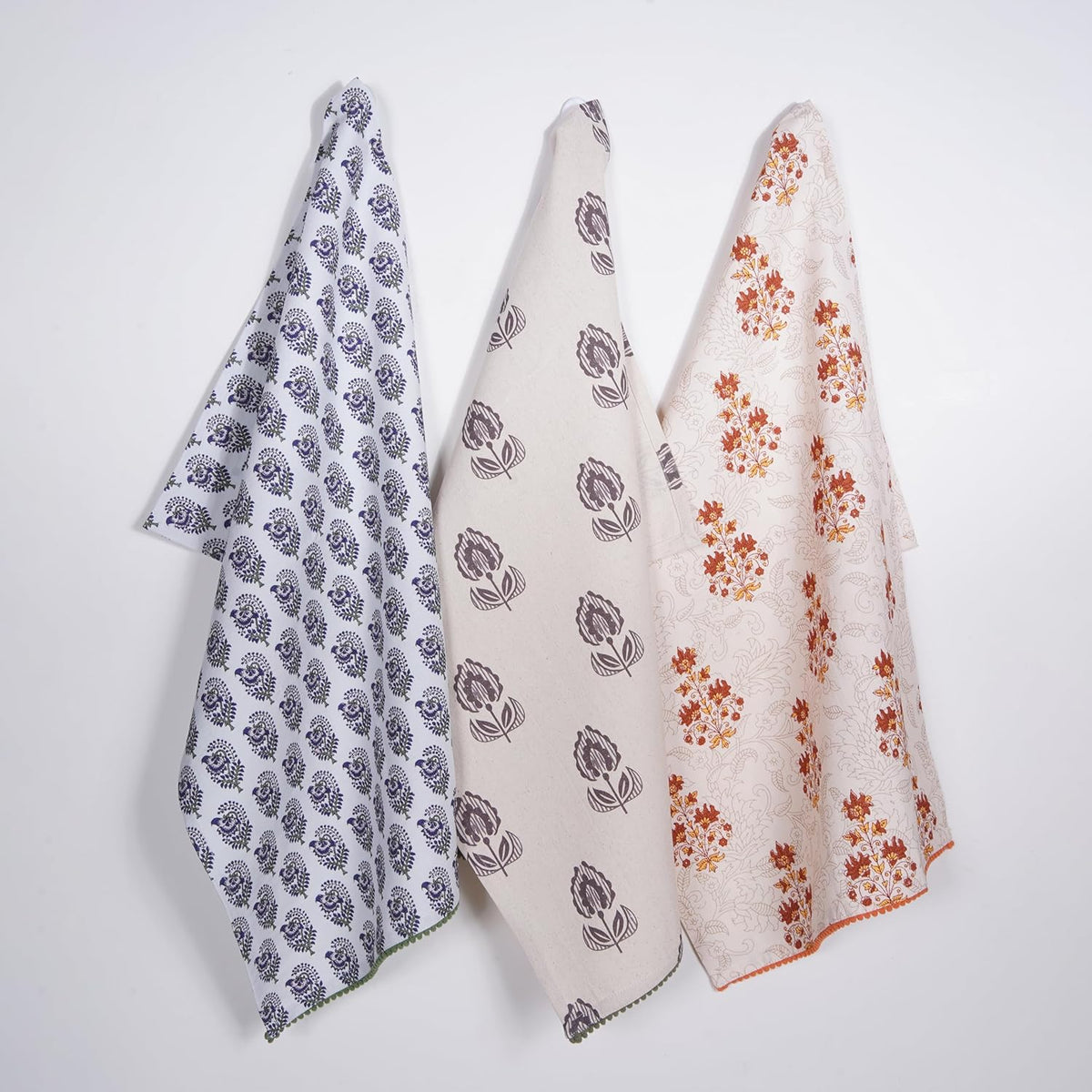 Printed Kitchen Dish Bar and Tea Towels Cotton, 18x28 inch with Trims, Cotton Dish Towel Sets (Multicolor Motif, Set of 3)