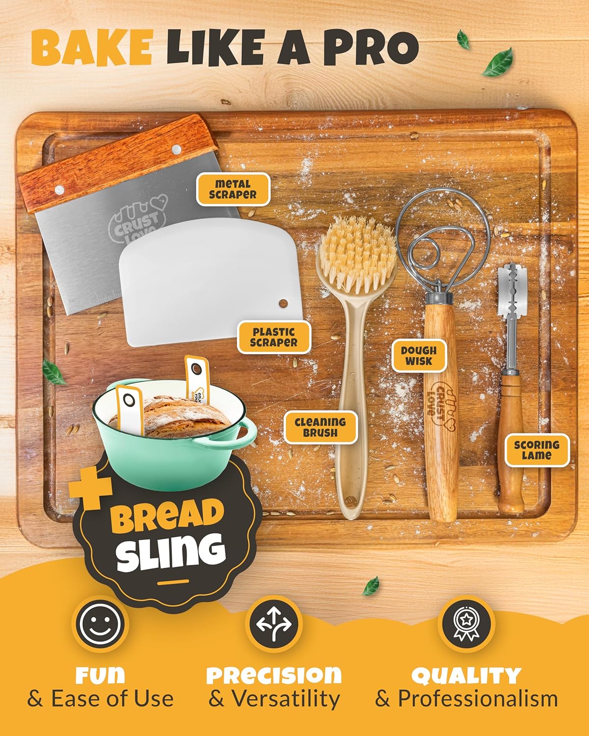 Dutch Oven for Bread Baking - incl. Sourdough Bread-Baking Supplies like Banneton Bread-Proofing Basket - 5QT Enameled Cast Iron Bread-Oven with Lid, Baking Pan, Scoring Tool Lame