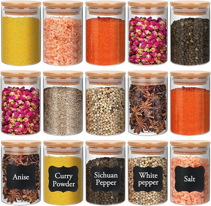 8 oz Glass Jars With Bamboo Lids - Borosilicate Airtight Canisters, Food Storage Container, Pantry Organization, Kitchen Sets, Spice Containers - Set of 15