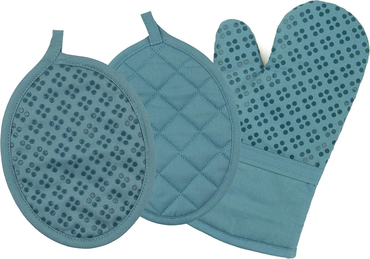Sticky Toffee Oven Mitt and Pot Holder Set of 3 – Blue Non-Slip Kitchen Hot Pads and Mitts with Silicone Grip, 100% Cotton Shell, Oeko-Tex Cotton