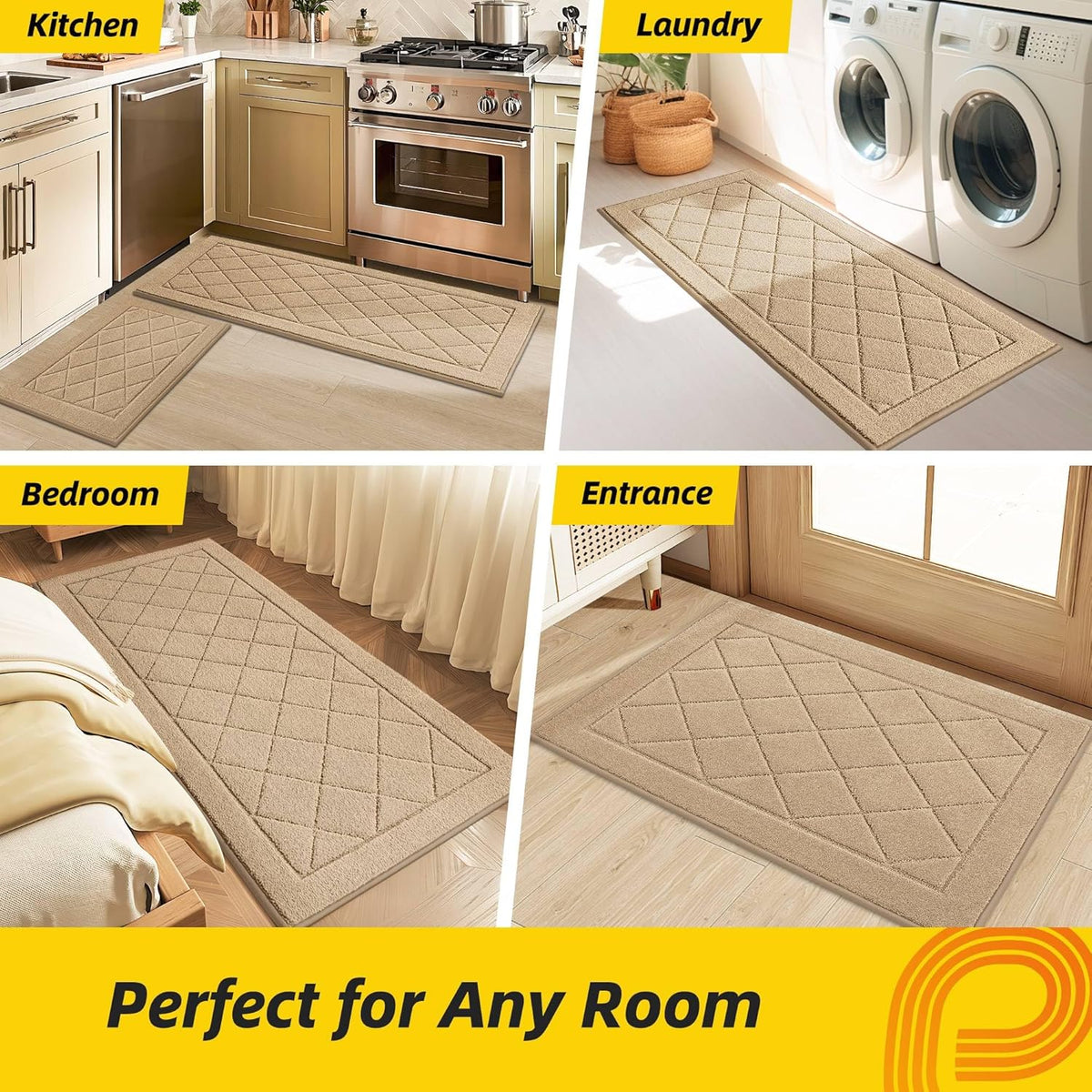 JSEI Non-Slip Kitchen Rugs, Self Adhesive No Sliding Kitchen Mats Set of 2, Soft Washable Absorbent Floor Mat for Kitchen, Bathroom, Laundry Room, Bedroom, 24”x36”+24”x60”, Beige, Diamond Pattern