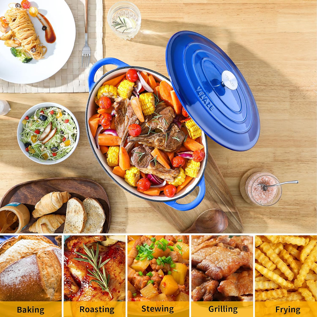 Velaze 7.5 QT Enameled Oval Dutch Oven Pot with Lid, Cast Iron Dutch Oven with Dual Handles for Bread Baking, Cooking, Frying, Non-stick Enamel Coated Cookware（Blue)