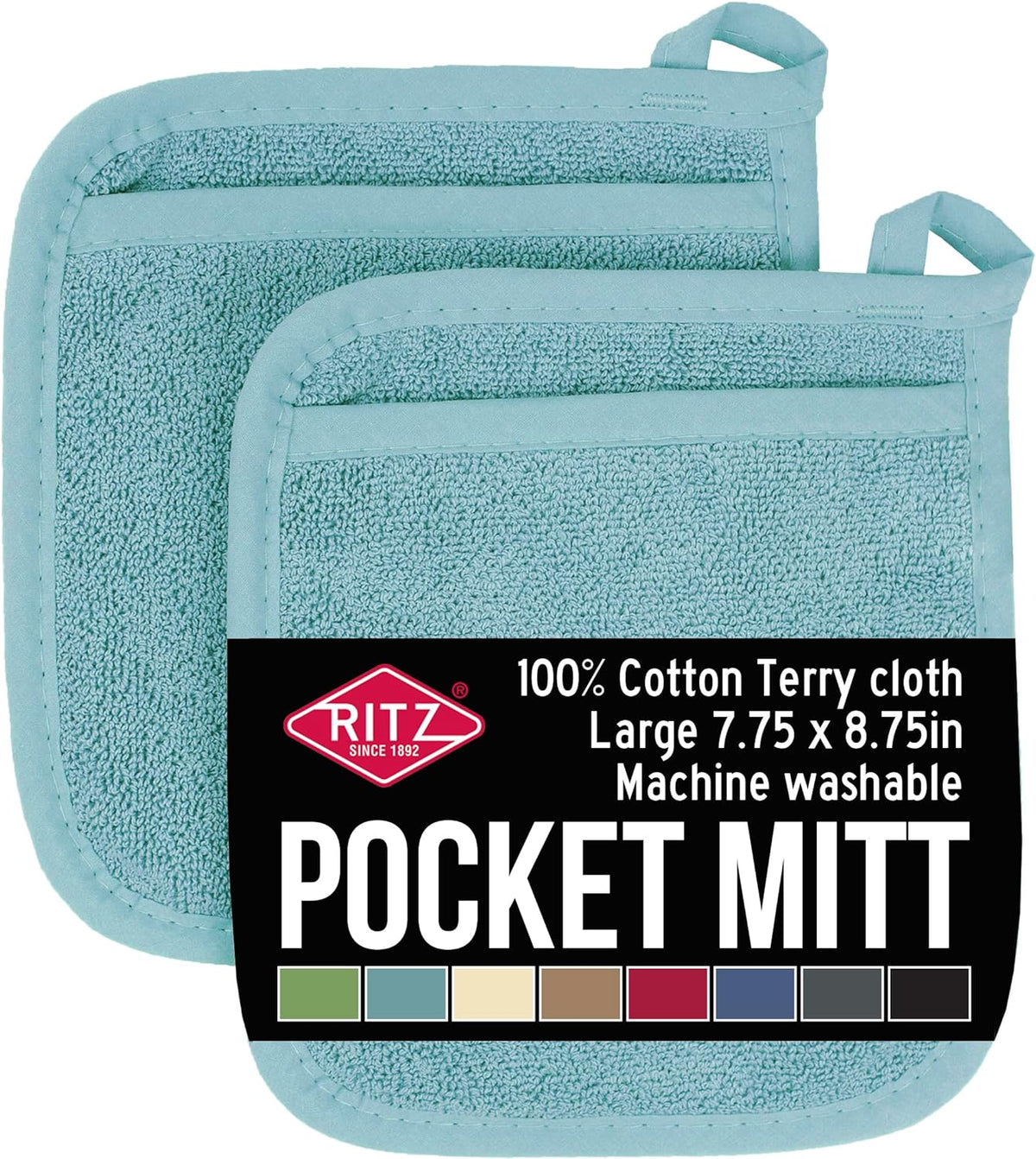 RITZ Terry Pocket Mitt & Hot Pad: Unparalleled Heat Resistant, Durable 100% Cotton – Ergonomically Designed for Optimal Grip – Easy-Care Machine Washable – 2-Pack, Dew
