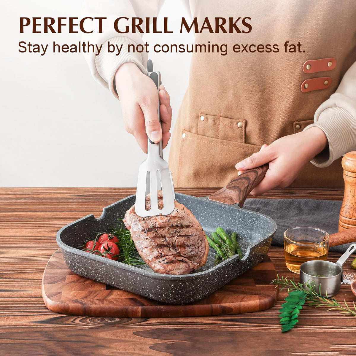 SENSARTE Nonstick Grill Pan for Stove Tops, Versatile Griddle with Pour Spouts, Square Big Cooking Surface, Durable Skillet Indoor & Outdoor Grilling. PFOA Free, 9.5 Inch