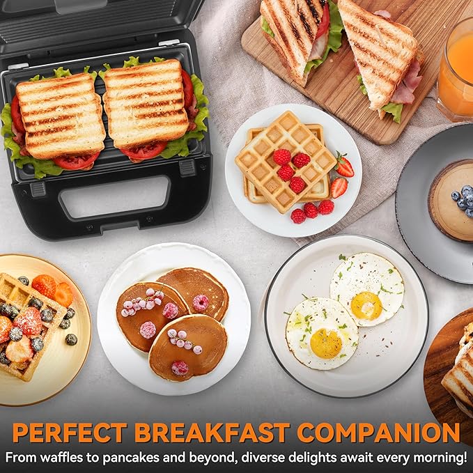 Baker’s Friend 3 in 1 Mini Waffle Maker with Removable Plates, Dual Waffle & Pancake and Grill Plates, Breakfast Sandwich Maker Press, Dishwasher Safe, Non-stick Coating, Graphite