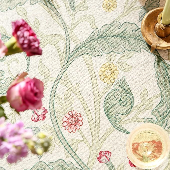 patdrea Designer Vintage Linen Long Rectangle Tablecloth,Green French Leaves Pattern Floral Table Cloth,Fall Decoration Cover for Kitchen Dining Christmas,Thanksgiving,63"x102"-Cecilia a