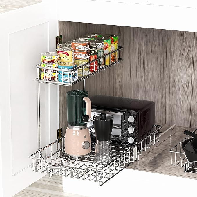SIMPLE HOUSEWARE 2-Tier (L+M) Organizer Pull Out Under Cabinet Sliding Shelf, Chrome