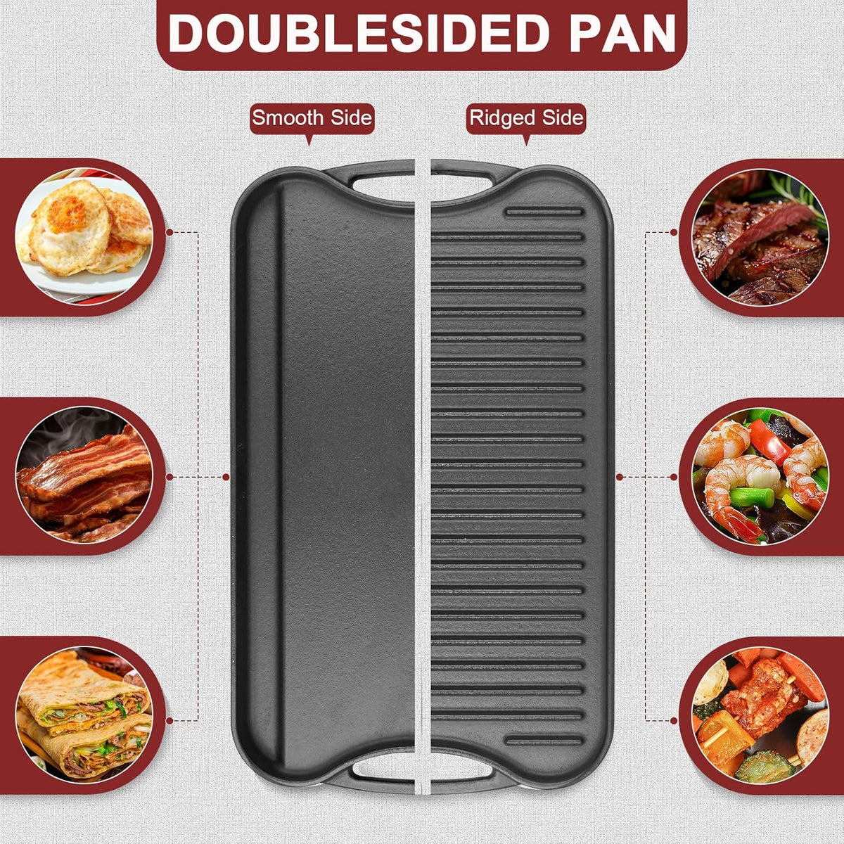 Cast Iron Reversible Grill/Griddle Pan - 17"x10" Pre-Seasoned Rectangular Double Sided Griddle Plate for Gas Stove, Oven, Camping, Indoor & Outdoor Cooking - Non-Stick, Durable & Versatile