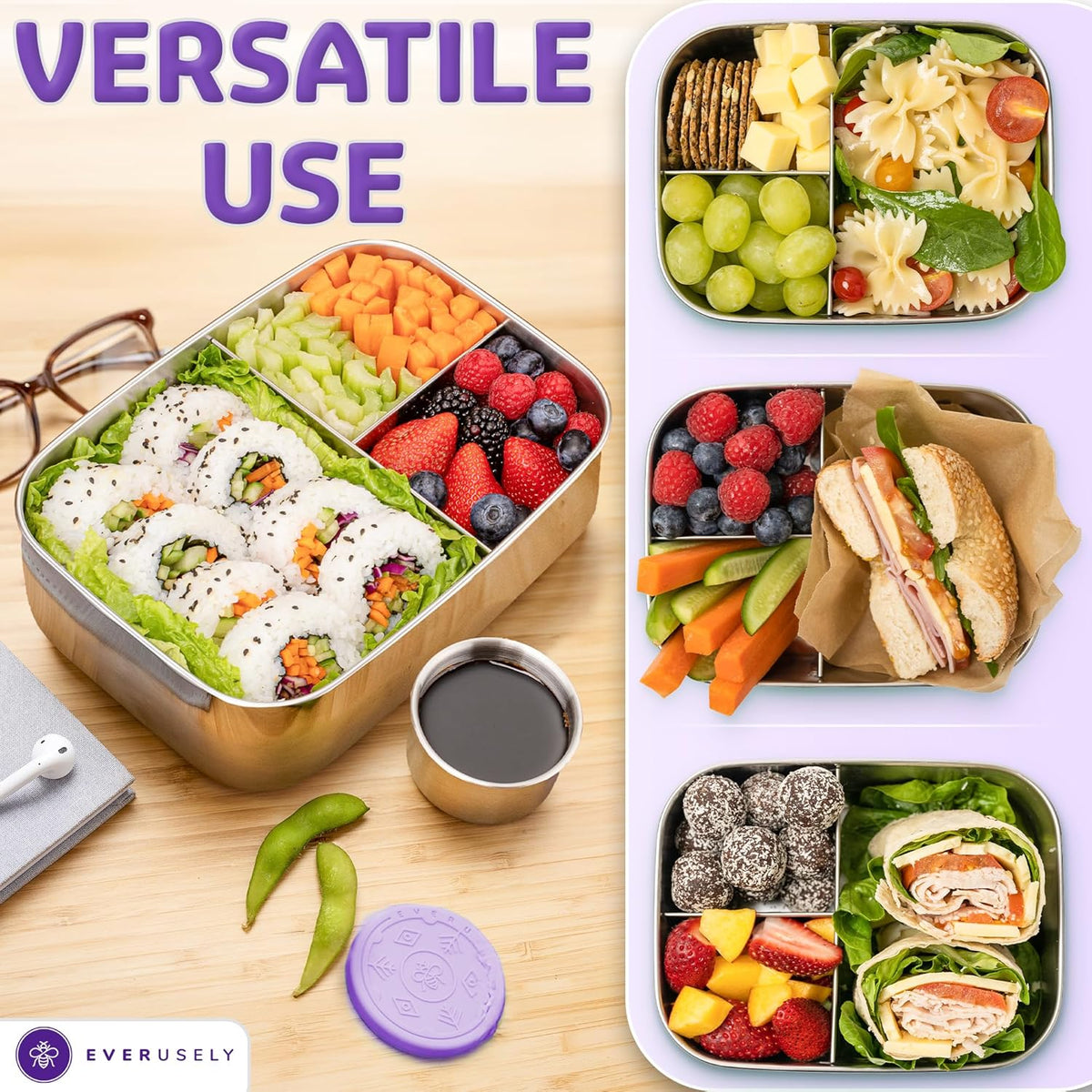 Everusely - Bento Box - Lavender, 60oz / 1.8 L - Stainless Steel Lunch Box with Leakproof Condiment Container - 3 Compartment Snack Organizer for On the Go Meals - Freezer & Dishwasher Safe