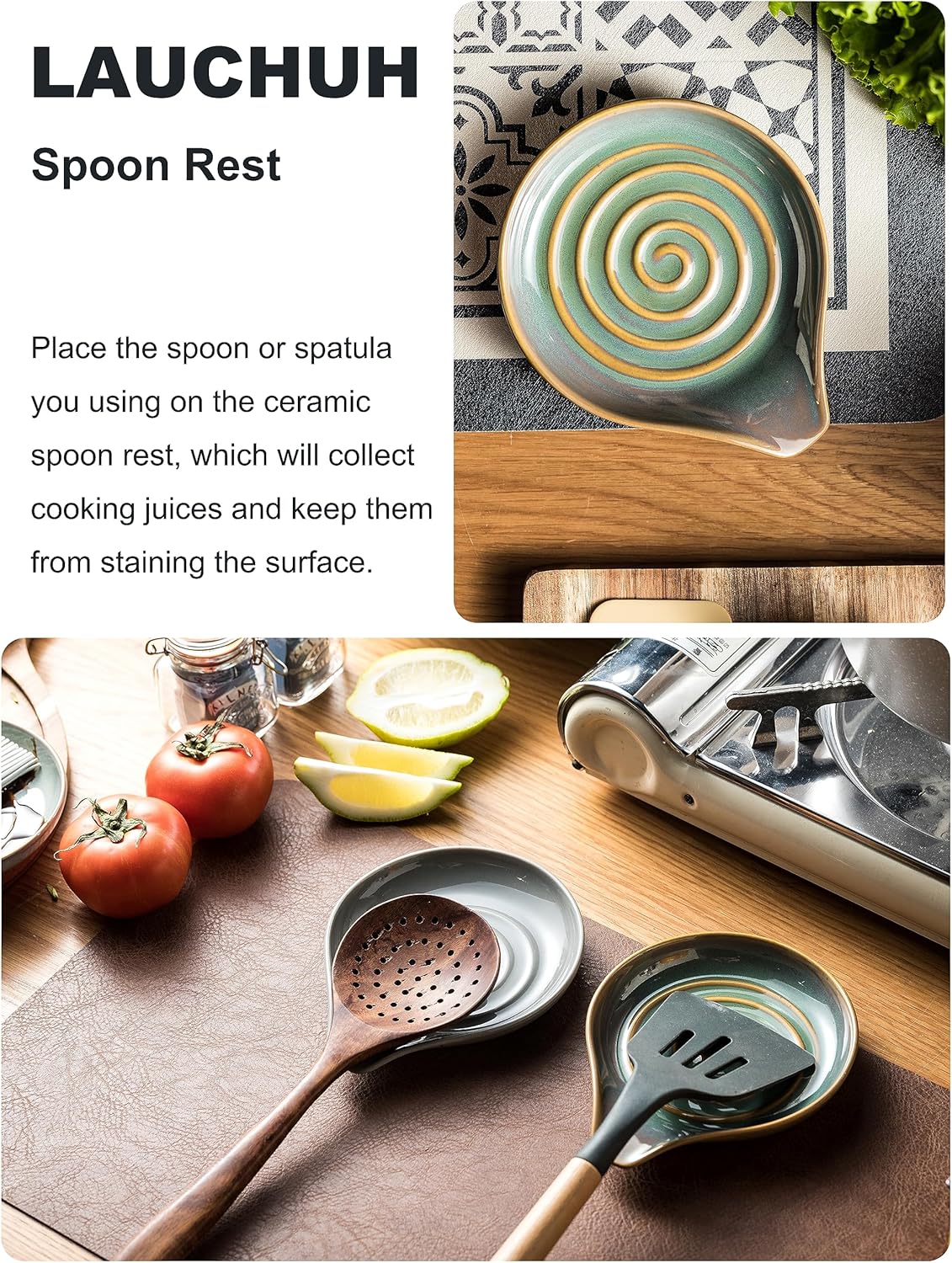 LAUCHUH Spoon Rest for Kitchen Counter,5" Spoon Holder for Kitchen Counter Stove Top Ceramic Spatula Holder for Ladle, Spatula, Spoons or Tongs, Thanksgiving Gifts, Unique Green