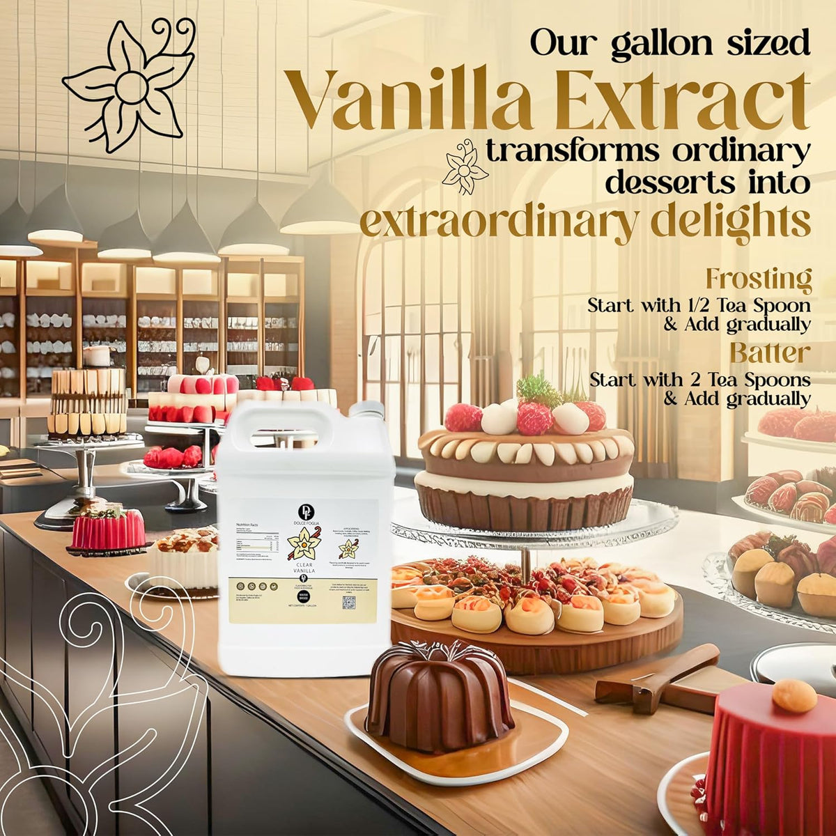 Dolce Flav Clear Double Strength Imitation Vanilla Extract - 1 Gallon - Gluten-Free, Keto-Friendly & Sugar-Free Vanilla Flavoring with Natural and Artificial Vanilla Flavor