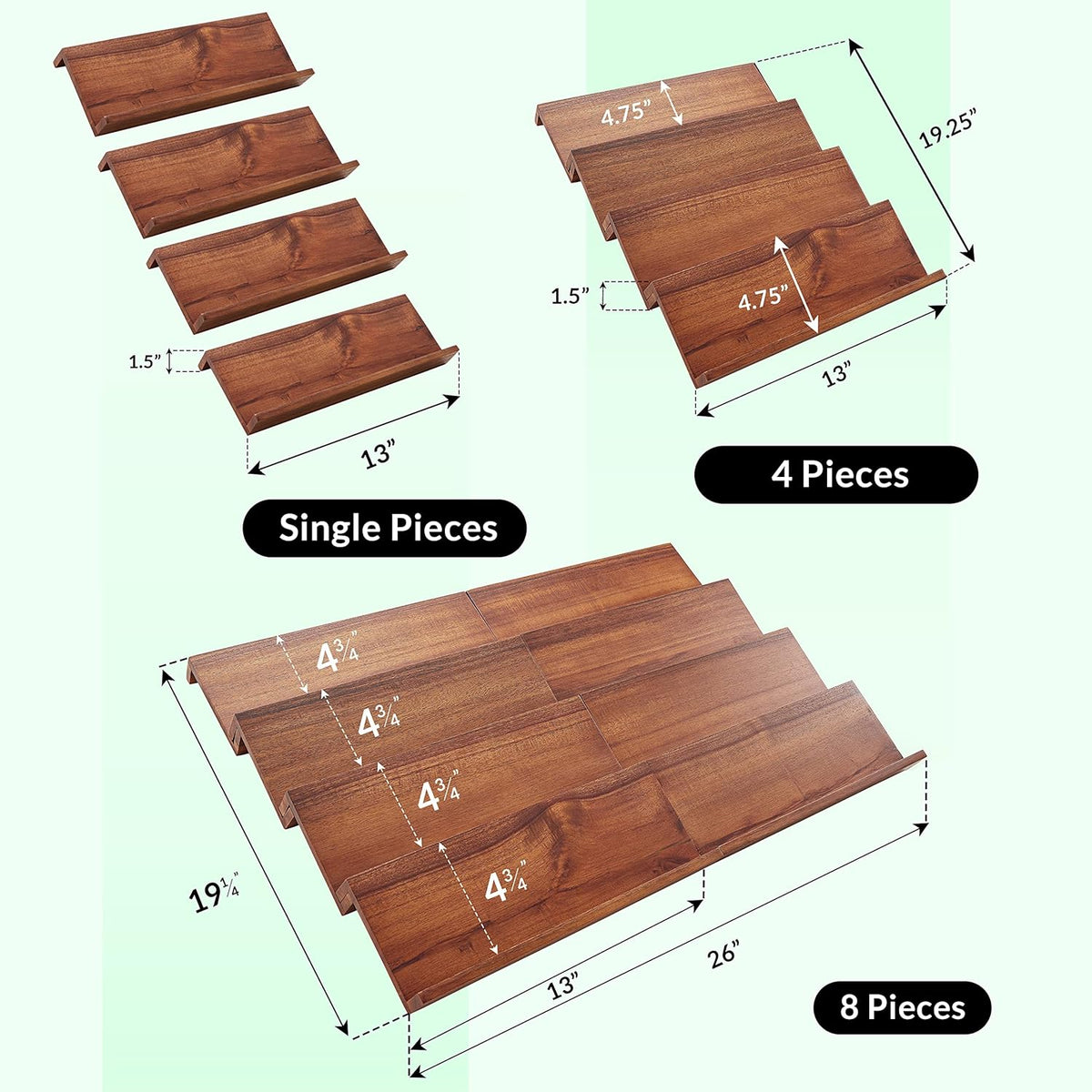 Tinamo Acacia Wooden Spice Rack Organizer for Cabinet - Spice Drawer Insert, Spice Organization for Cabinet, Seasoning Organizer, 4-Tier Spice Jar Rack for Drawer, Spice Holder Pack of 8 (64 Jars)