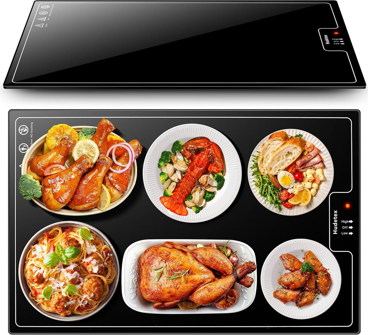 Electric Warming Tray（Large 22"x14"），Food Warmer with Thermostat and Full Surface Heating，Food Warming Mat with 2 Temperature Modes for Parties Buffet，Gatherings，Gold Edge Handles Warming Mat for Food