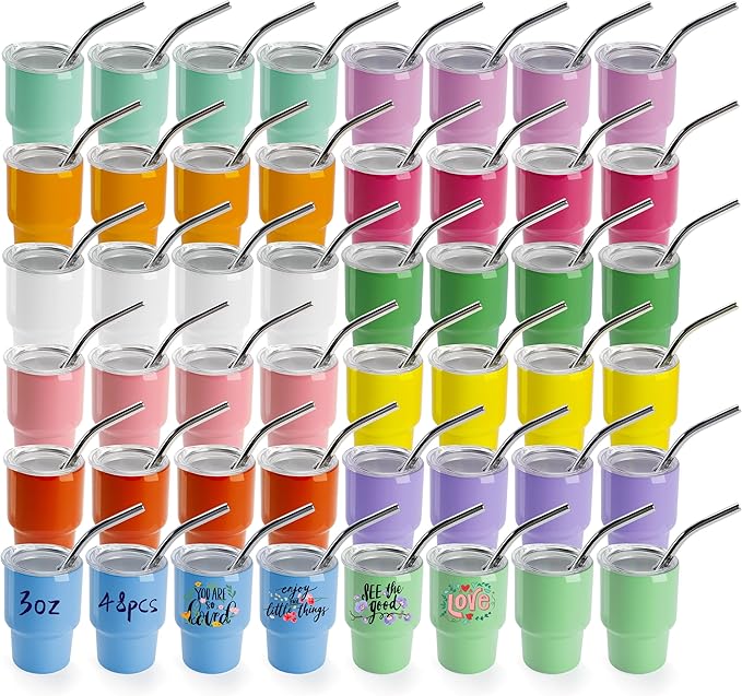 Joyclub 3 oz Mini Tumbler Shot Glass with Straw and Lid 48 Pack Colored Stainless Steel Sublimation Shot Tumblers Cup for Wedding Party Whiskey Favors