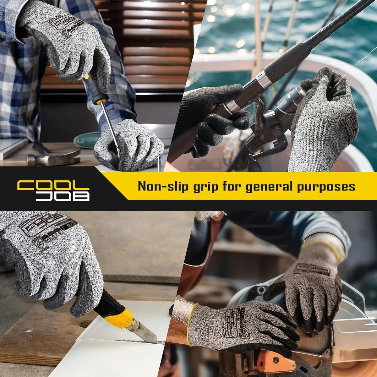 COOLJOB 12/120 Pairs Cut Resistant Safety Work Gloves with Grip, 13 Gauge Seamless Shell with PU Coating, ANSI A2 A4, Gray