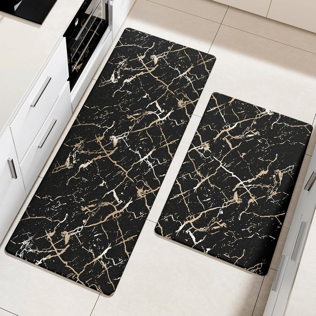 Gold Foil Stamped Marble Kitchen Mats for Floor 2PCS Cushioned Anti Fatigue Non Slip Waterproof Comfort Leather Kitchen Rugs 2/5 Inch PVC Kitchen Mats for Sink, Laundry, 17.3"x28"+17.3"x47", Black