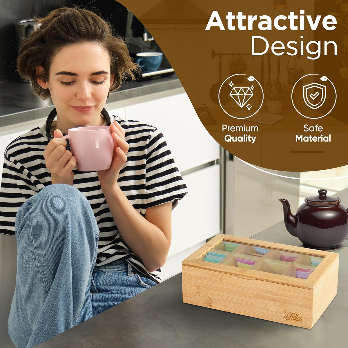 Fuller Bamboo Tea Box Organizer with 8 Compartments – Natural Bamboo Tea Storage Case with Clear Acrylic Lid – Elegant Fuller Tea Caddy for Tea Bags, Coffee Pods, Spices & More – Home & Office