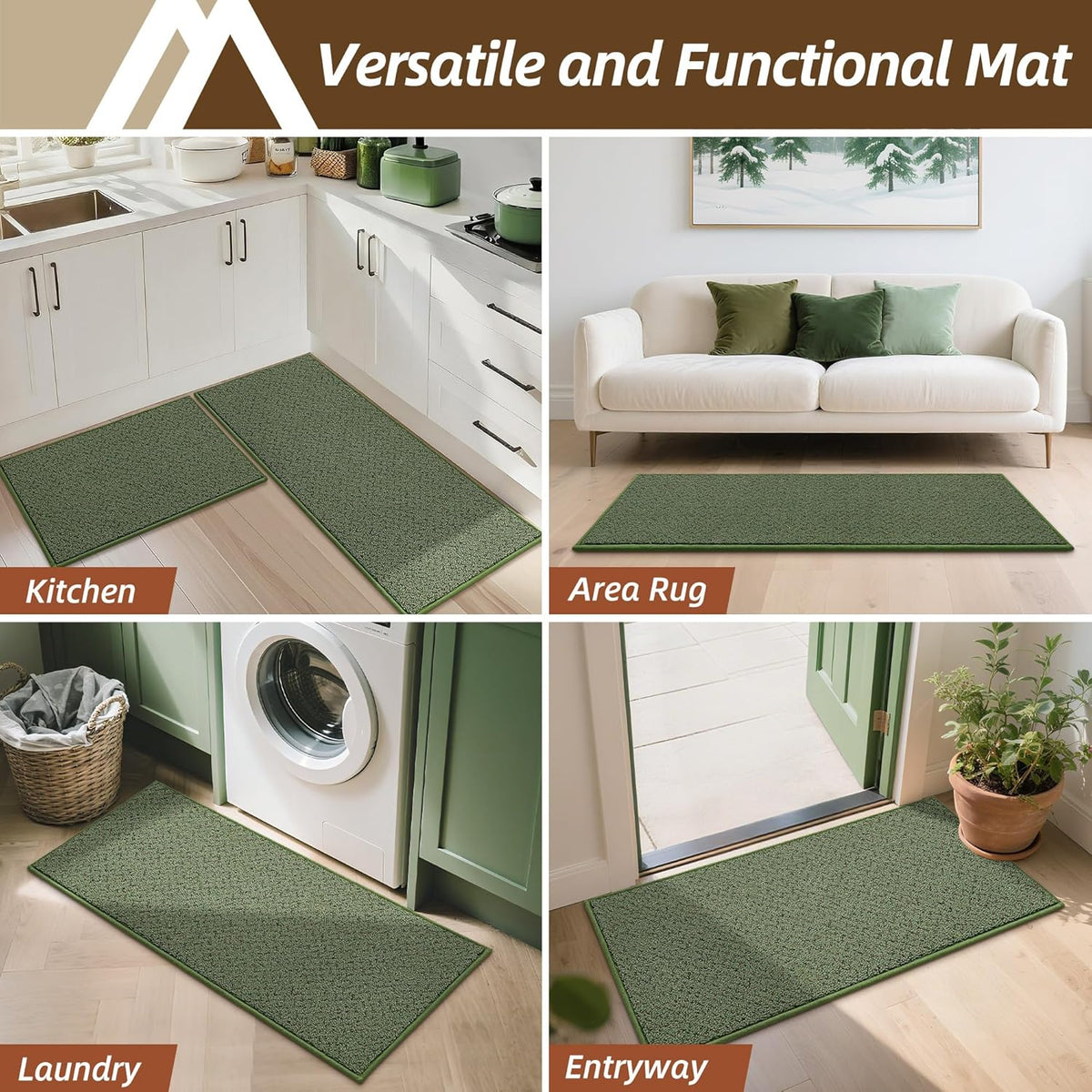 COSY HOMEER Kitchen Rugs and Mats 2PCS Non Slip Kitchen Mats for Floor Washable Stain Resistant Kitchen Runner Rug Sets Absorbent Kitchen Floor Mat 20"x32"+20"x48",Green
