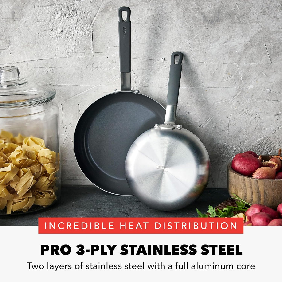 GreenPan x Bobby Flay Stainless Steel 8” & 10” Frying Pan Skillet Set, Professional Grade Tri-Ply, Multiclad, PFAS-Free Ceramic Nonstick, Induction Suitable, Dishwasher & Oven Safe, Stay Cool Handle
