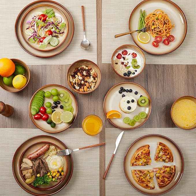 Ceramic Dinnerware Sets for 6, 18 Pieces Stoneware Plates and Bowls Sets, Chip and Crack Resistant Dishes, Dishwasher & Microwave Safe Dishware Sets, Brown Yellow