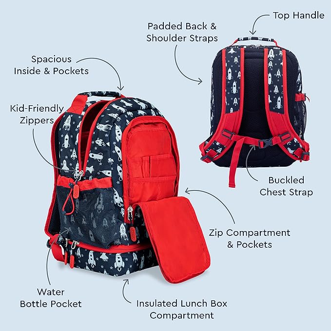 Bentgo Kids 2-in-1 Backpack & Insulated Lunch Bag - Durable 16” Backpack & Lunch Container in Unique Prints for School & Travel - Water Resistant, Padded & Large Compartments (Rocket)