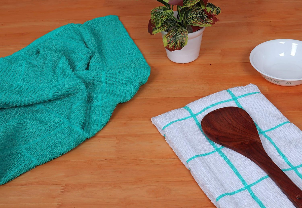 AMOUR INFINI Kitchen Towels Pack of 4 Absorbent, Quick Drying Premium Terry Cotton Dish Towel with Hanging Loop 16x28 Inch Hand & Tea Towels (Teal)