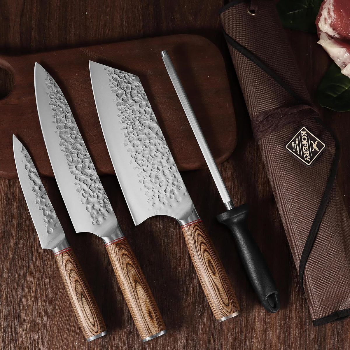 KOFERY 5PCS Chef and BBQ Knife Set with Roll Bag, High Carbon Stainless Steel Knives for Precise Cooking, Outdoor Meat Cutting(Include Sharpening Steel)
