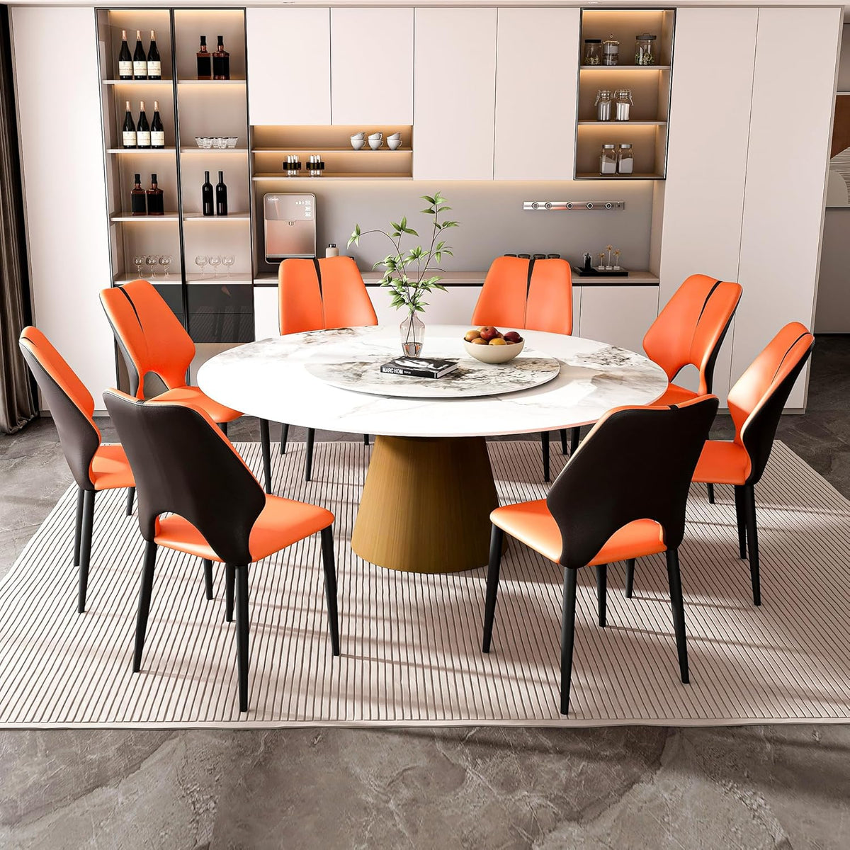 Montary 9 Piece Dining Table Chairs Set, Modern Dining Table Set of 8, Includes 59" D Marble Round Table with Bronzed Metal Cone Base, 8 Orange and Brown Dining Chairs for Home, Kitchen