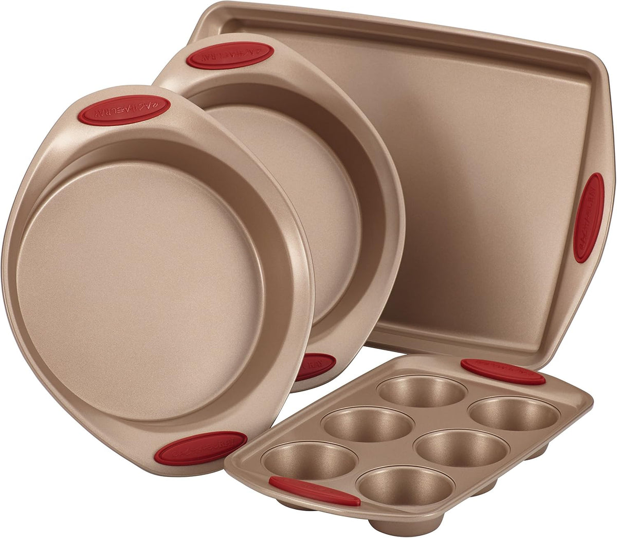 Rachael Ray Cucina Bakeware Set Includes Nonstick Cake Cookie Baking Sheet and Muffin Cupcake Pan, 4 Piece, Latte Brown with Cranberry Red Grips