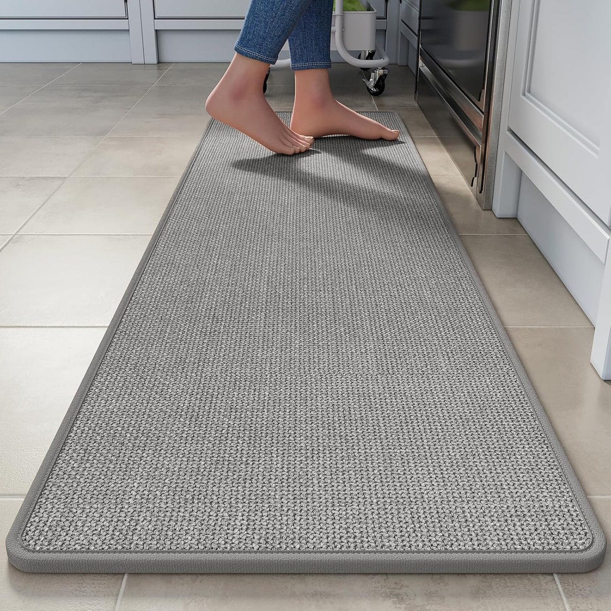 Kitchen Runner Rugs Non Slip Washable, Super Absorbent Cushioned Kitchen Mats for Floor, Linen-Look Woven Sink Mat Standing Floor Mat, Easy Clean, Gray 17"x59"