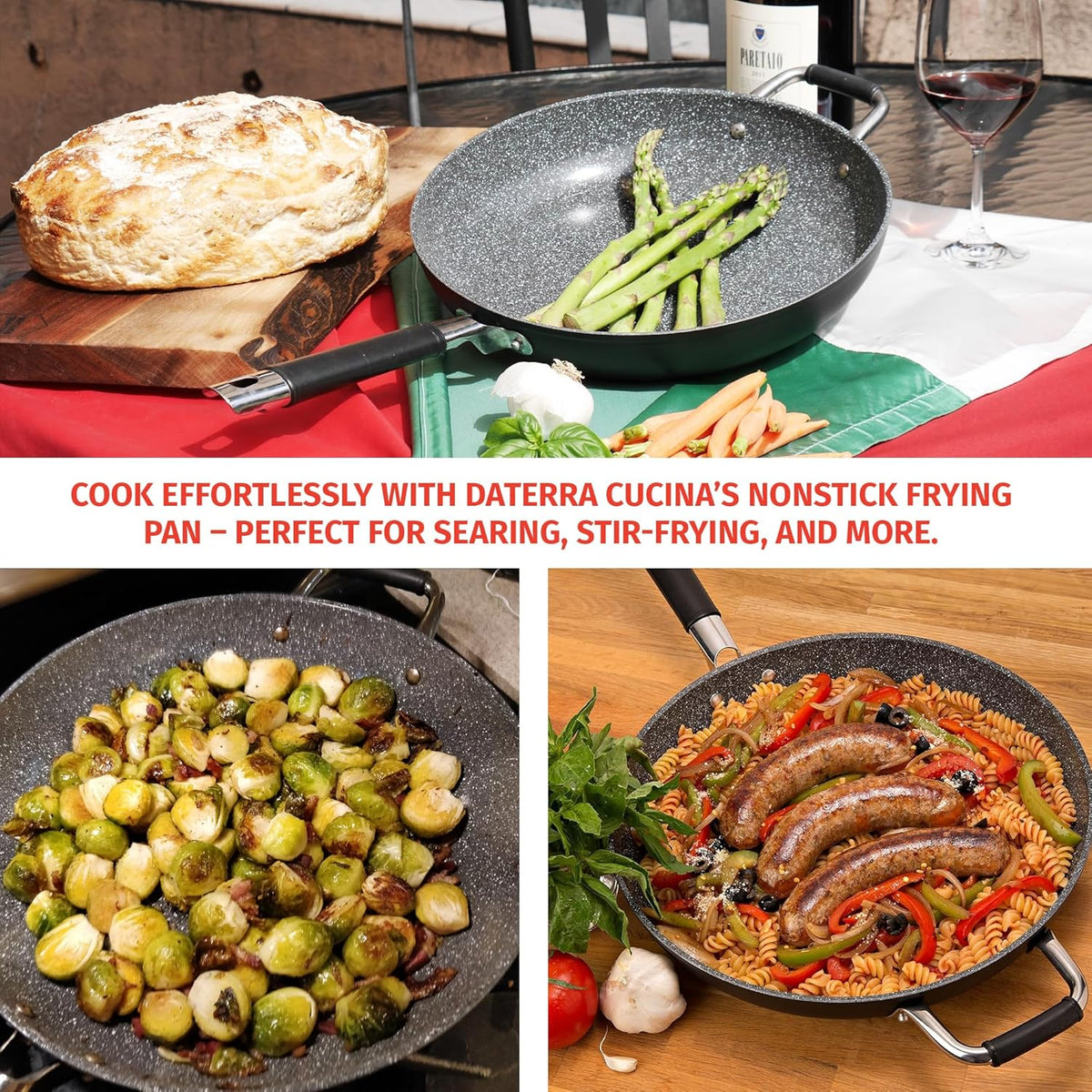 DaTerra Cucina - 13" Nonstick Ceramic Frying Pan - Made in Italy - Oven Safe - High Heat Resistant Nonstick Cookware - PTFE, Cadmium, Lead & PFOA free - Volcanic Black Speckled