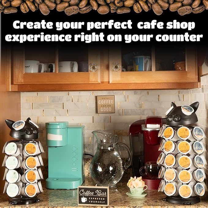 Made Easy Kit Carousel Coffee Pod Holder - Compatible with Keurig K-Pods K-Cups - Countertop 360 Spin Rack Storage Organizer - Revolving Base - Capsule Café Station Bar (Cat Black, Small)