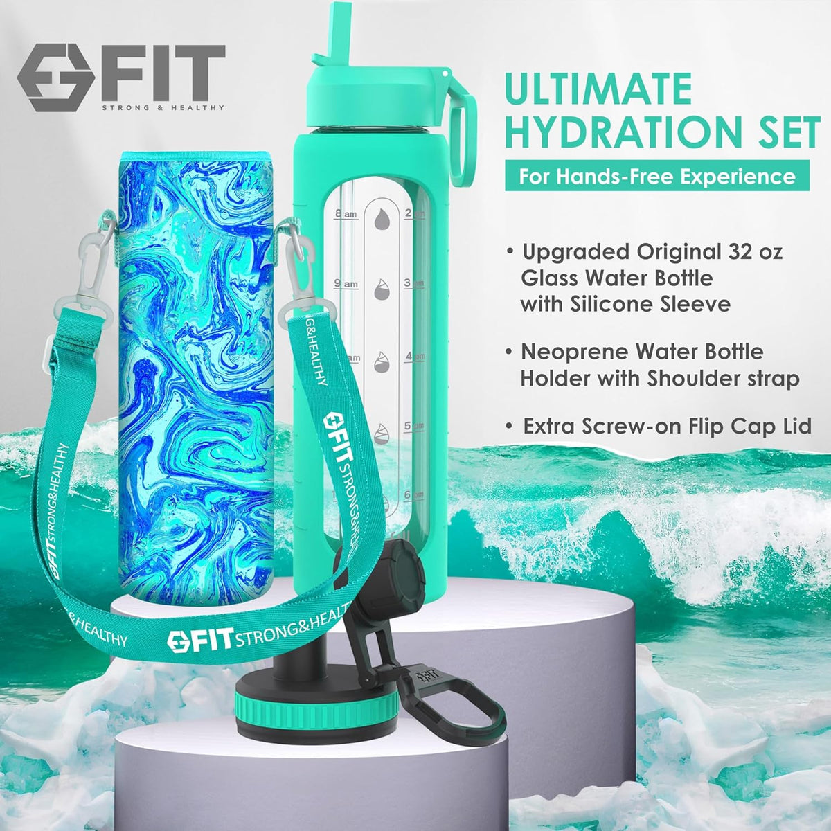 FIT Strong & Healthy 32 oz Glass Water Bottle with Straw Lid, Time Marker, Sleeve & Extra Lid - Motivational, Wide Mouth 1 Liter Glass Drinking Bottle