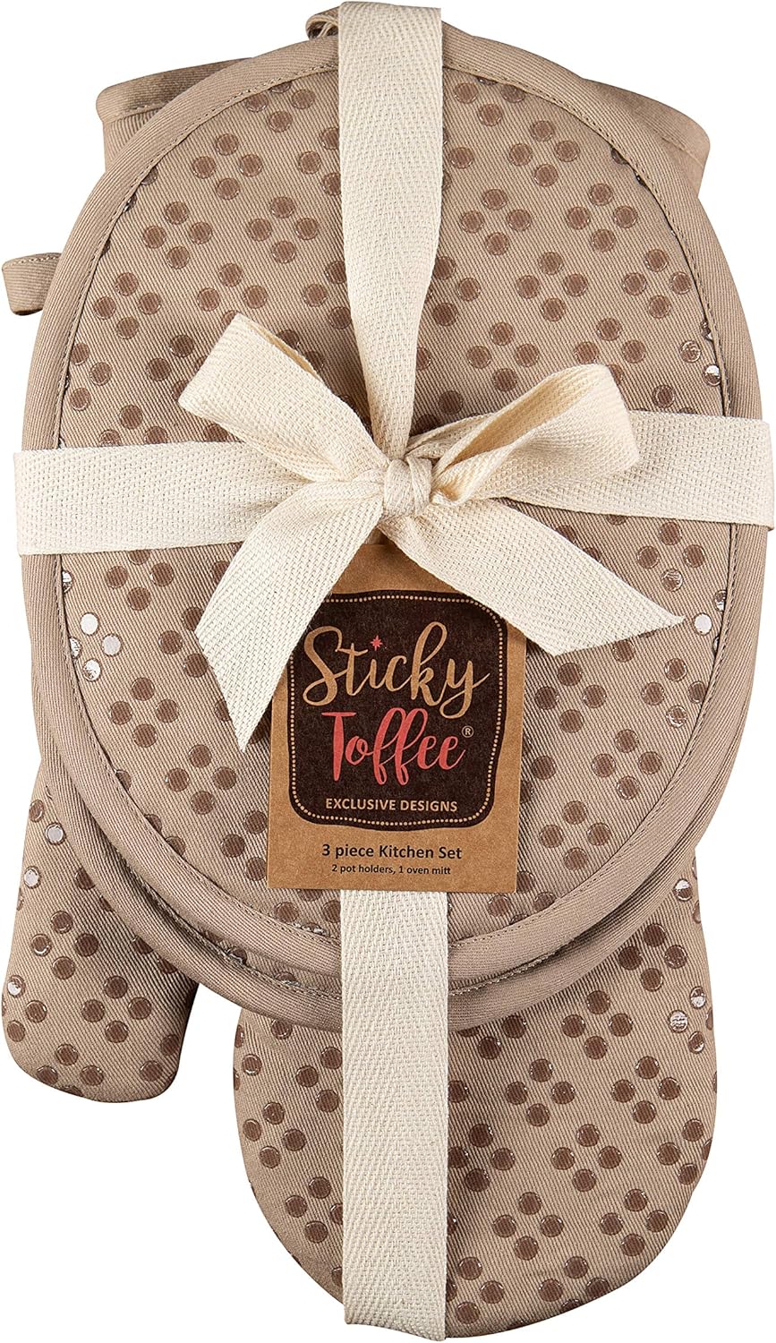 Sticky Toffee Oven Mitt and Pot Holder Set of 3 – Tan Kitchen Hot Pads and Mitts with Non-Slip Silicone Grip, 100% Cotton Shell, Oeko-Tex Cotton