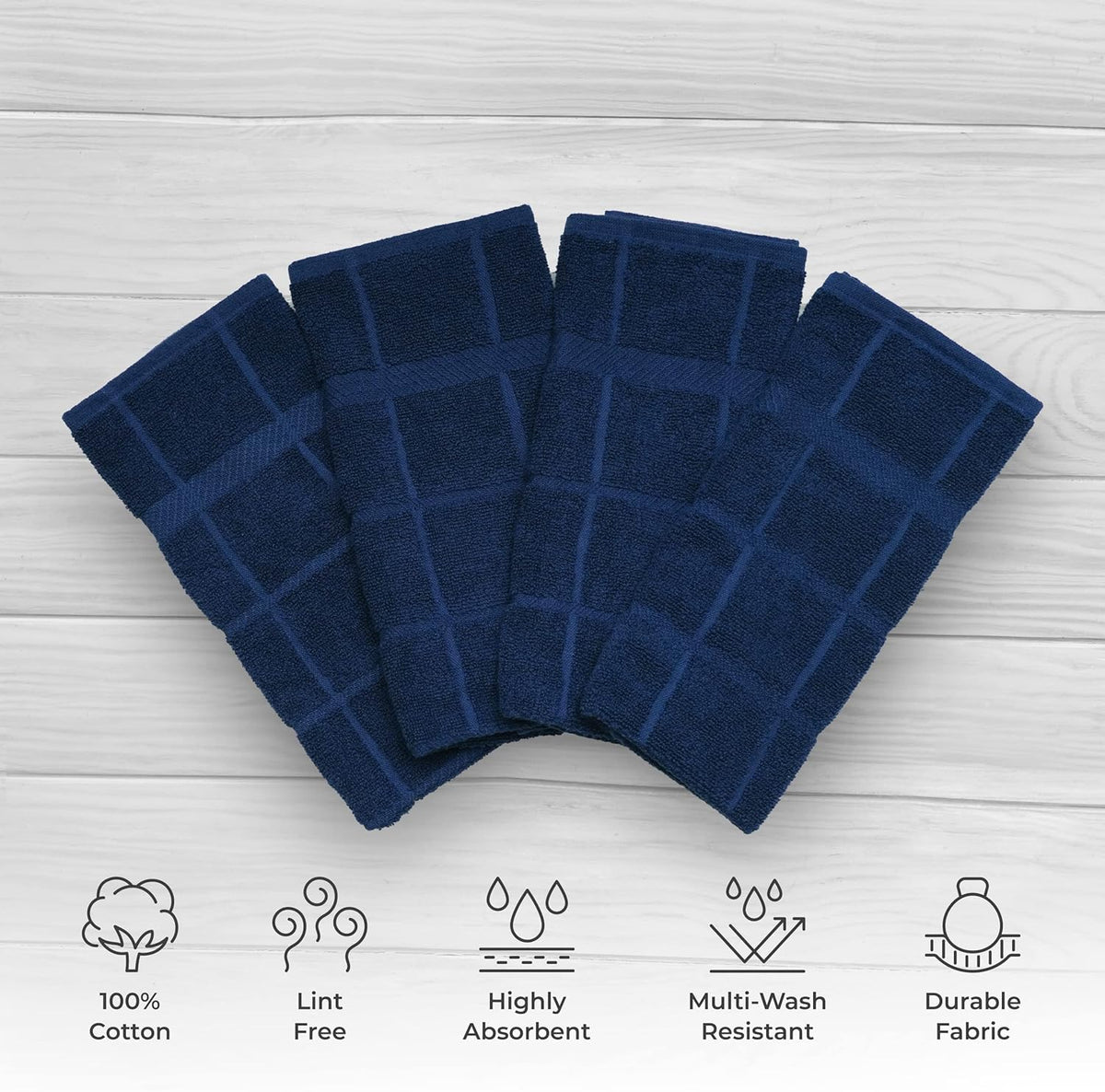 100% Cotton Terry Dish Towels for Kitchen, 4 Pack Plain, 16 x26 Inches, Super Soft and Absorbent, Perfect for Cleaning and Dish Washing | Navy Blue Kitchen Towels