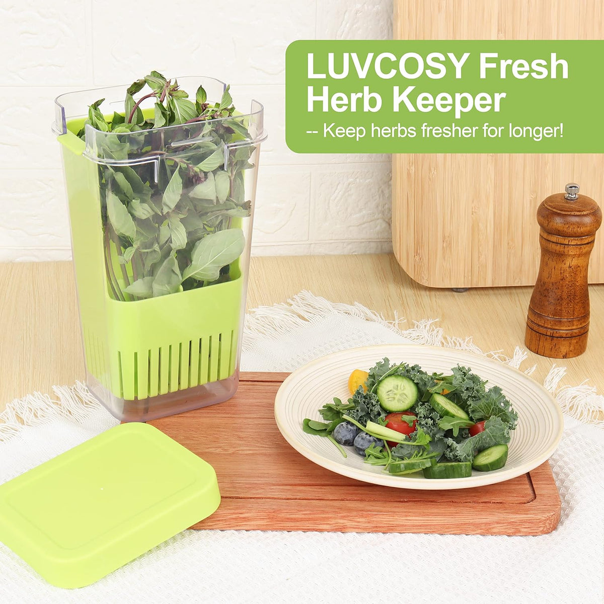 2 Pack Herb Keeper, BPA-Free Plastic Herb Saver with an Inner Basket for Cilantro, Mint, Parsley, and Asparagus, Keeps Fresh Herbs for 3 Times Longer
