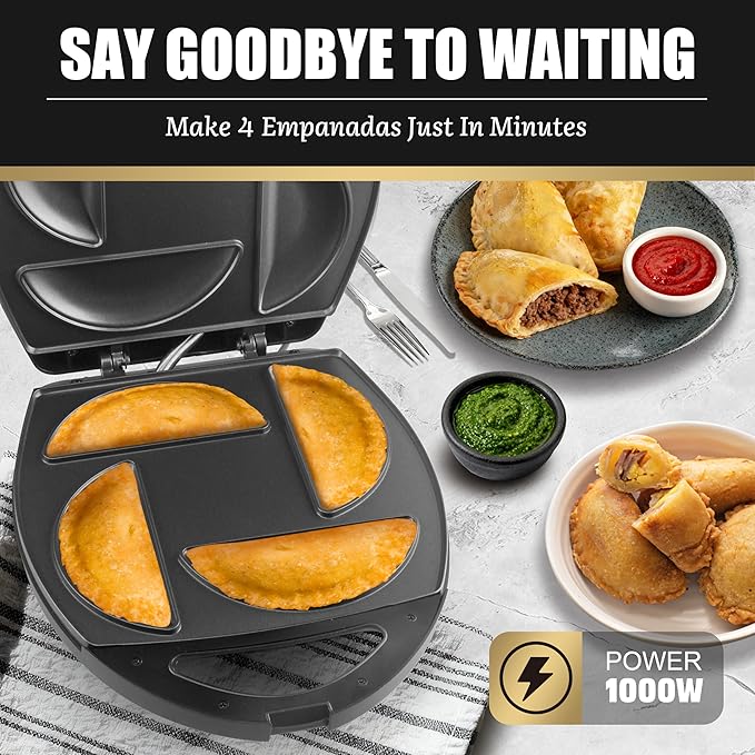 FineMade Electric Empanada Maker Machine with Press Mold,Large Dumpling Maker Press,Pierogi Maker Press Machine,Make 4 Psc of 6 Inches Large Empanadas,Jamaican Beef Patties,Calzones,Pocket Pies,Black