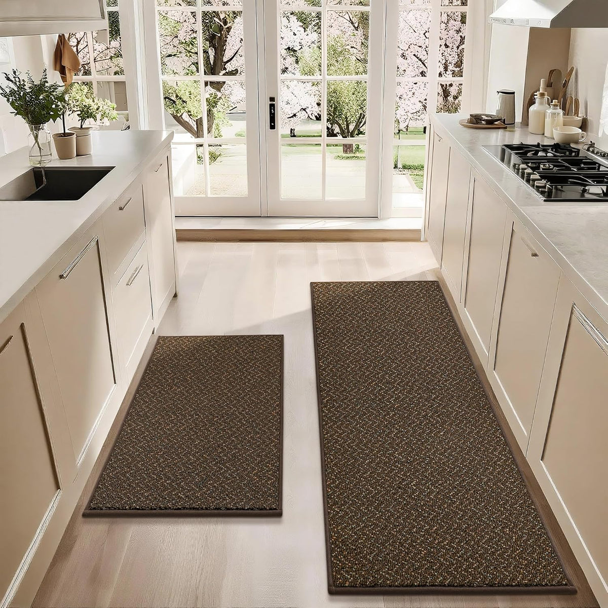 COSY HOMEER Kitchen Rugs Non Slip Washable 24"x36"+24"x60" Absorbent Kitchen Mats for Floor Stain Resistant Kitchen Runner Rug Sets of 2 Kitchen Floor Mats for Sink,Brown