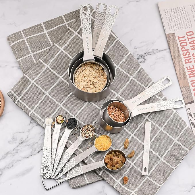 Measuring Cups and Spoons Set 12, Metric & US 18/8 Stainless Steel 5 Measuring Cups &6 Spoons &1 Leveler for Kitchen and Baking