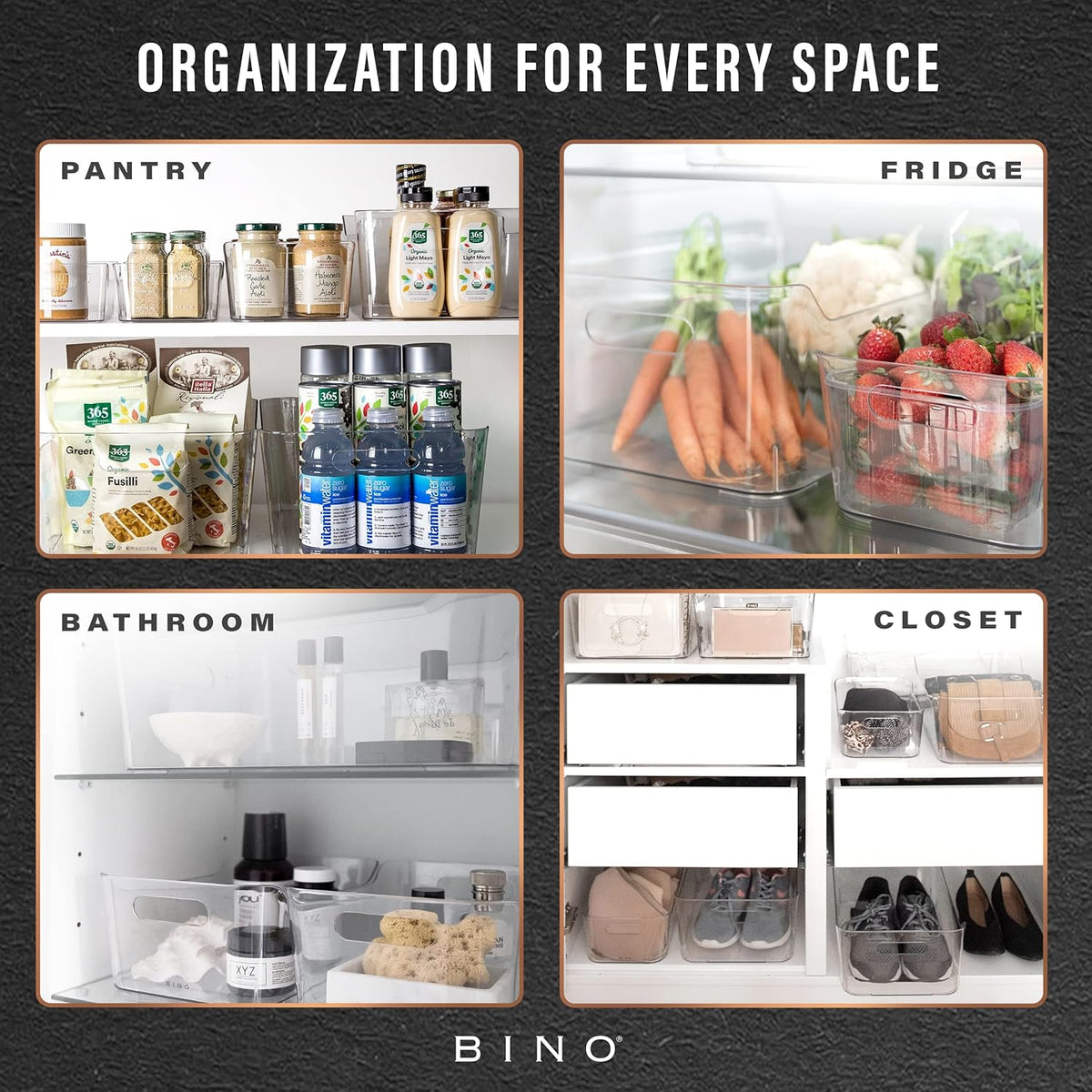 BINO | Plastic Organizer Bins, X-Large - 4 Pack | The SOHO Collection | Multi-Use Organizer Bins | Pantry & Freezer Bin | Plastic Storage Containers | Bin for Home & Kitchen Org
