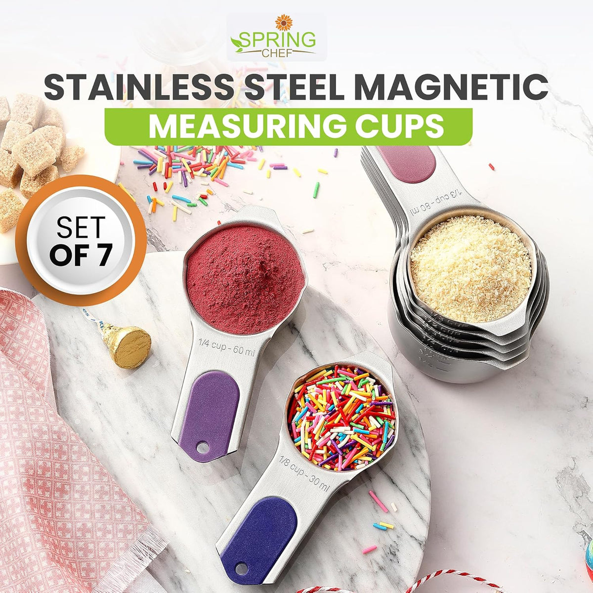 Spring Chef Magnetic Stainless Steel Measuring Cups, Patented, Kitchen Tools with Easy to Read Markings for Measuring Dry or Liquid Ingredients, Set of 7, Mountain Sunrise