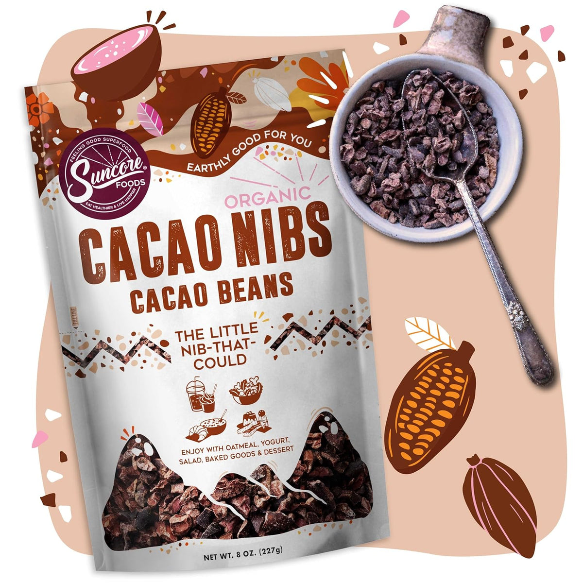 Suncore Foods Organic Cacao Nibs, Gluten-Free, Non-GMO, 8oz (1 Pack)