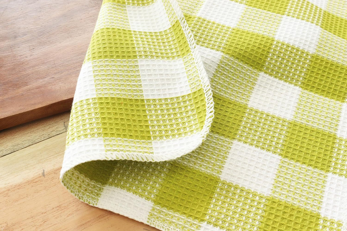 Waffle Weave Plaid Dish Cloths, 100% Cotton - 12 x 12 Inches, Ultra Soft Absorbent Quick Drying Dish Towels Buffalo Check Dish Rags for Kitchen, 6 Pack - Spring Summer - Light Green and White