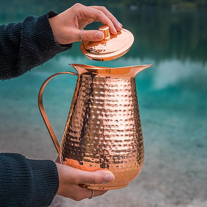 Kosdeg - Copper Pitcher With Lid - 68 Oz - Drink More Water, Lower Your Sugar Intake And Enjoy The Health Benefits - Pure Copper Handmade Hammered Jug, The Best Bedside Carafe - Heavy Gauge